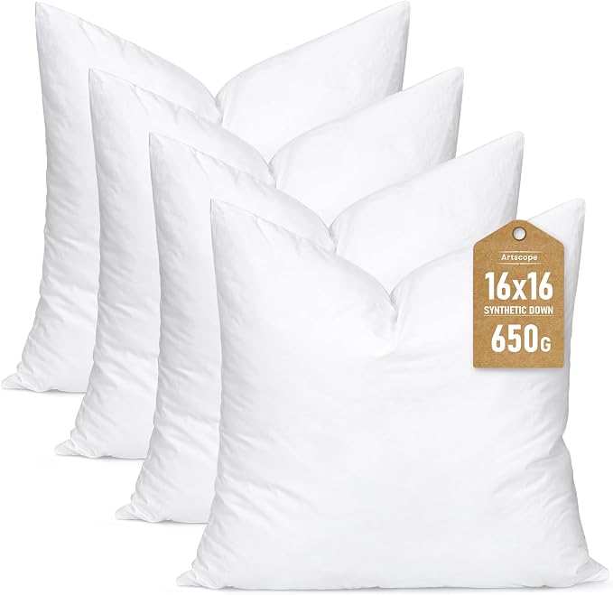 Artscope Synthetic Down Pillow Insert, 16x16 Down Alternative Throw Pillow Insert. Ultra Soft Fluffy Sleeping Pillow with 100% Cotton Cover, Decorative Pillows Set of 4-White.