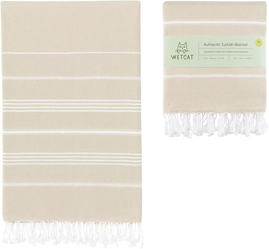 WETCAT Turkish Beach Blanket Sandproof (82"x82") 100% Turkish Cotton, Made in Turkey - Sand Free, Ultra Soft, Extra Large Throw for Picnic – Beige