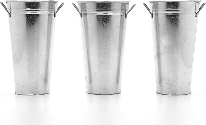 Hosley Set of 3 Galvanized French Bucket Vase with Handles 5" W x 9" H Ideal for Farmhouse Dried Floral Arrangements at Home for Weddings Gifts Spa and Aromatherapy Settings O5