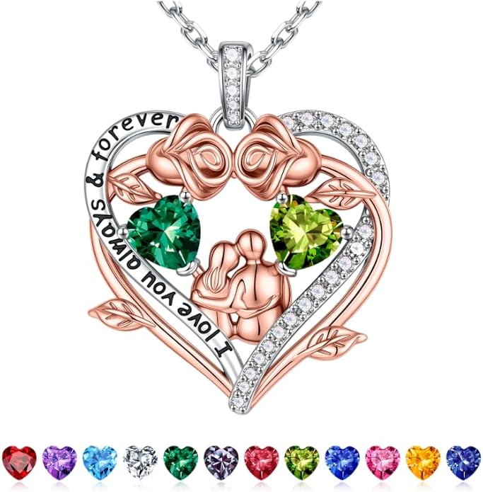 Iefil Valentines Gifts for Her Wife - 925 Sterling Silver Double Heart Birthstone Necklace, Anniversary Birthday Gifts for Women Wife Girlfriend