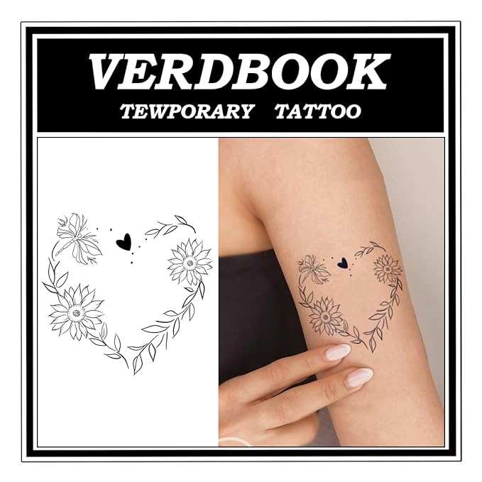 Waterproof Temporary Tattoos: 2-Sheet Tattoo Kit with Realistic Body Stickers, Semi-Permanent Tattoos for Adults Lasting 7-15 Days – Safe for Men & Women, Sunflower Heart Pattern