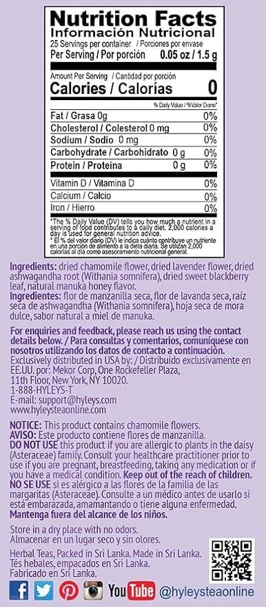 HYLEYS Calm Tea with Ashwagandha, Lavender and Honey, 150 Individually Wrapped Tea Bags (6 Pack of 25) - Caffeine Free Sleep Tea - Gluten Free Vegan & Plant Based