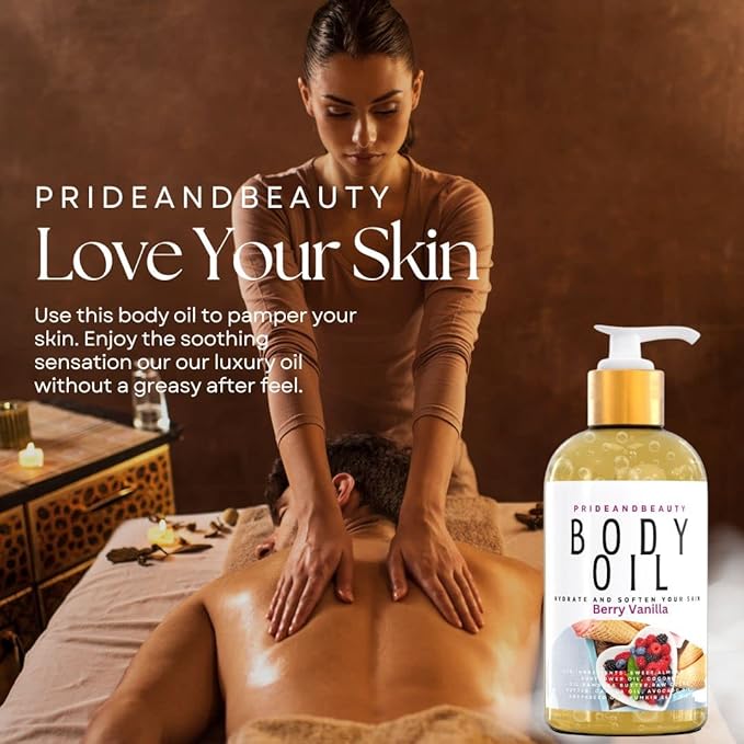 PrideandBeauty After Shower Oil. Skin Hydrating Oil. Body Oil Scented. Body Oils For Women Dry Skin. (Berry Vanilla)