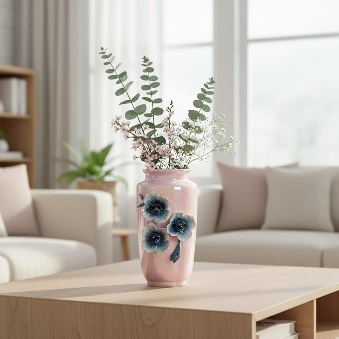 Pink Ceramic Vase 7 Inch - Cute Small Vase for Flowers, Aesthetic Room Decor for Teen Girls, Coquette & Pink Office Decor