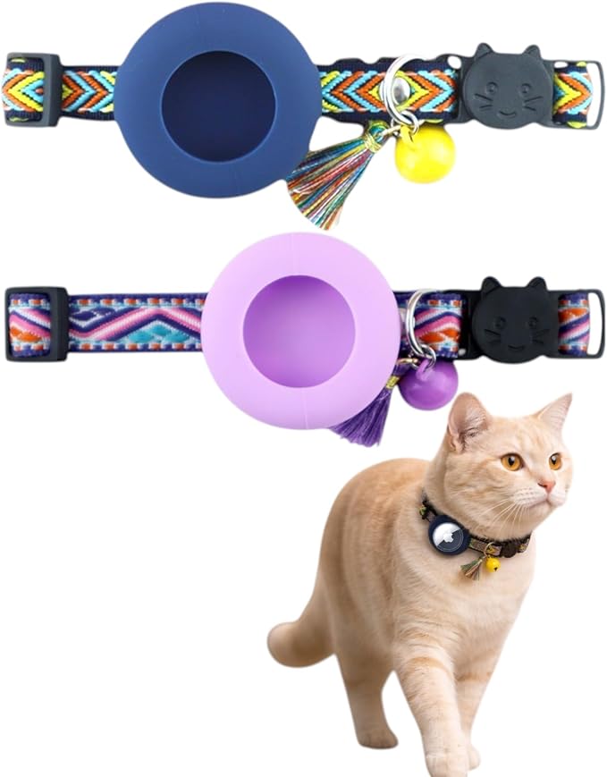 Cat Collar with AirTag Holder – Breakaway Lightweight Woven Cat Collar, Adjustable with Bell for Cats & Kittens (Midnight Dusk Set) | Amazegoods