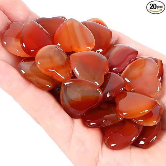 20 PCS Natural Heart Healing Crystals Red Carnelian Agate Polished Crystal Mini Pocket Stones Cute Palm Love Gemstones Set Bulk Wholesale Reiki Energy Balancing Meditation Valentine's Day Gift