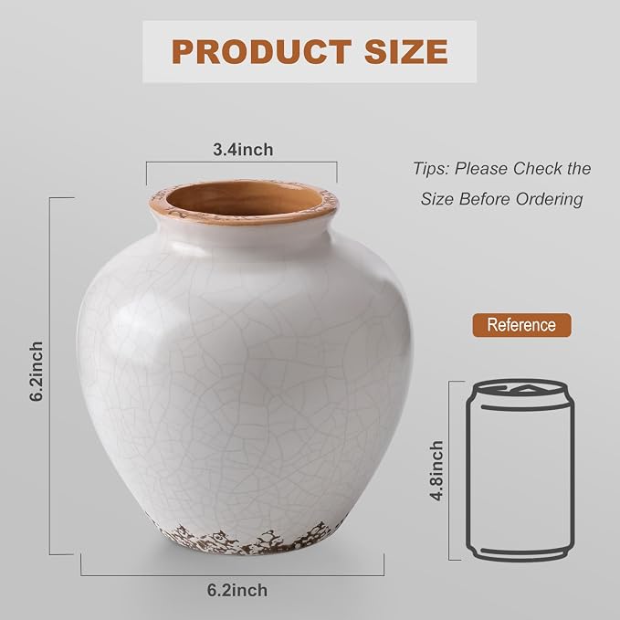 Ceramic Flower Vase Home Decor, 6.2 inch Farmhouse Rustic Vintage Decorative Vases, Pottery Terracotta Boho Flowers Vases for Dining Table, Living Room, Shelf, Kitchen, Bedroom (6.2"-Beige)