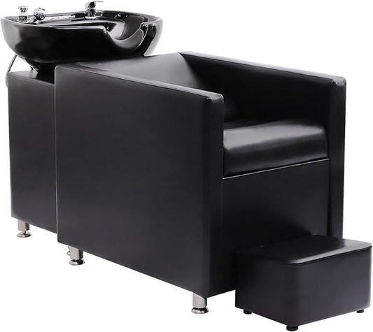 Shampoo Stations for Salon, Backwash Chair with Ceramic Bowl, Backwash Shampoo Unit with Foot Pedal, Sink Chair Station, Hair Washing Station for Barbershop (Black)