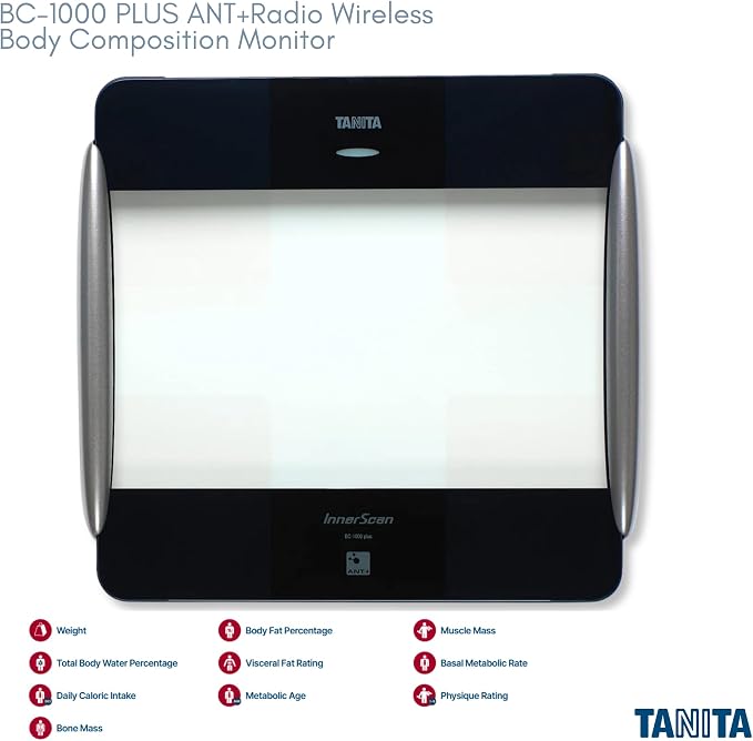 Tanita BC-1000plus Black ANT+ Wireless Body Composition Monitor -Japan Technology - Premium Build - Smart Digital Scale with 15 Full Body Metrics, BMI Fat Muscle Mass Analysis - 440 lbs Capacity