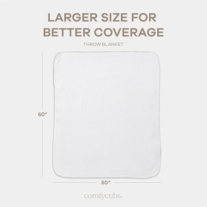 Comfy Cubs Adult Muslin Blanket 50x60” Throw Swaddle Blankets, White | 6 Layer Soft, Breathable & Lightweight Muslin Adult Blanket - Machine Washable & Designed in the US Bedding for All Seasons
