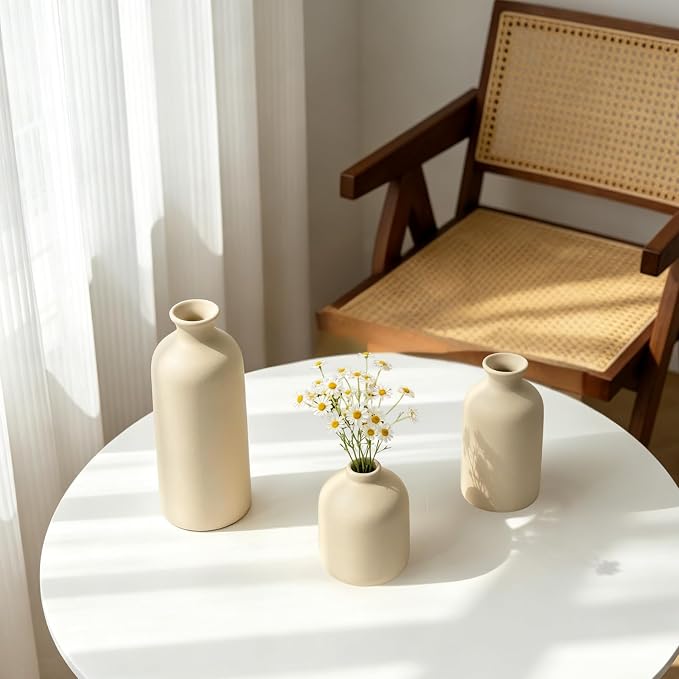 Small Ceramic Vase Set of 3,Modern Boho Farmhouse Flowers Vases | Decorative Vase for Dried Flowers,Pampas Grass,Home Decor,Shelf,Bathroom,Centerpiece for Entryway Table Distressed