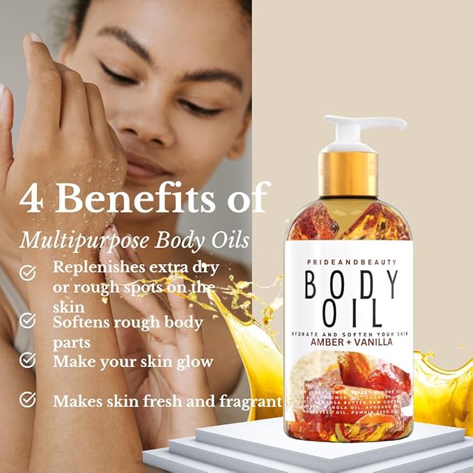 PrideandBeauty After Shower Oil. Skin Hydrating Oil. Body Oil Scented. Body Oils For Women Dry Skin. (Amber Vanilla)