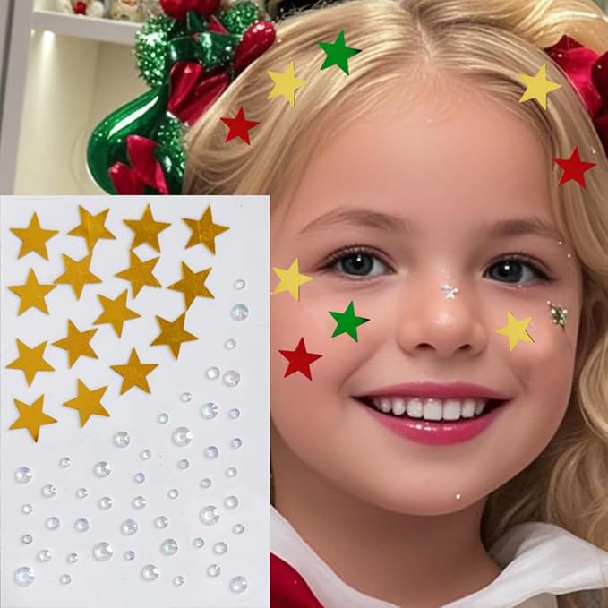 Christmas Star Face Stickers Gems for Makeup, 3 Sheets Red Gold and Green Face Glitter Rhinestone jewels, Self Adhesive Face Eye Nail Body Gems Stick on for Xmas Rave Festival Accessories