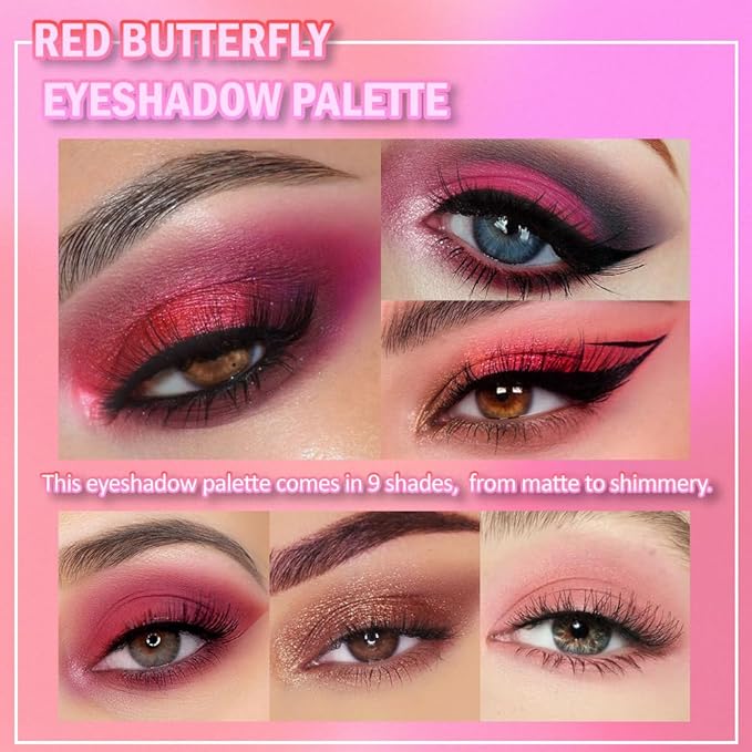 Matte Shimmer Light Deep Pink Eye Shadow Palette Makeup,Eyeshadow Long Lasting Waterproof Cruelty-Free , 9 Blendable Shades in Smooth Finishes with Gorgeous Pearls for Girls (red buttery fly)