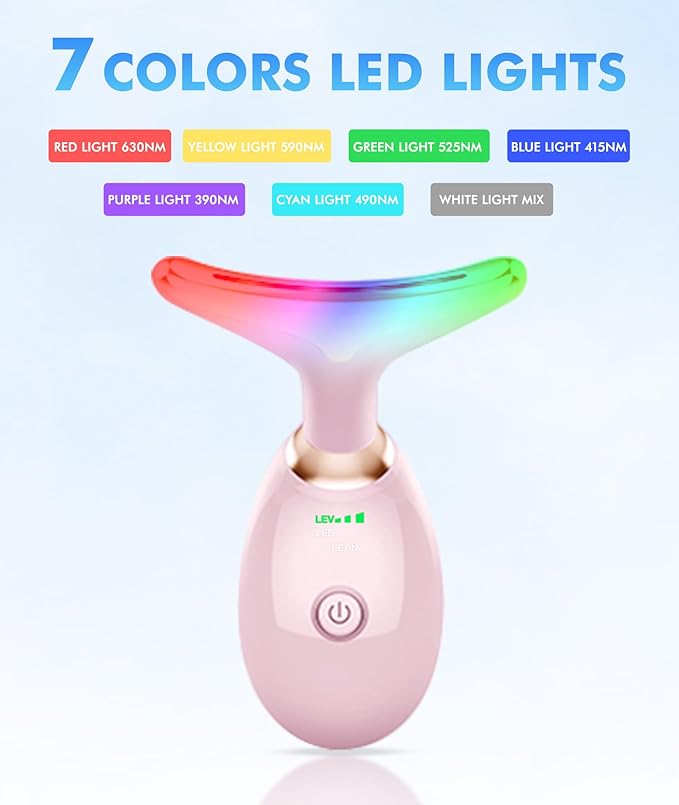 SDKWDH Red-Light-Therapy-for-Face-and-Neck, 7 Color Face Massager Tool for Wrinkles, Double Chin, Vibrating Facial Massager with Thermals for Skin Care, Glossy Pink