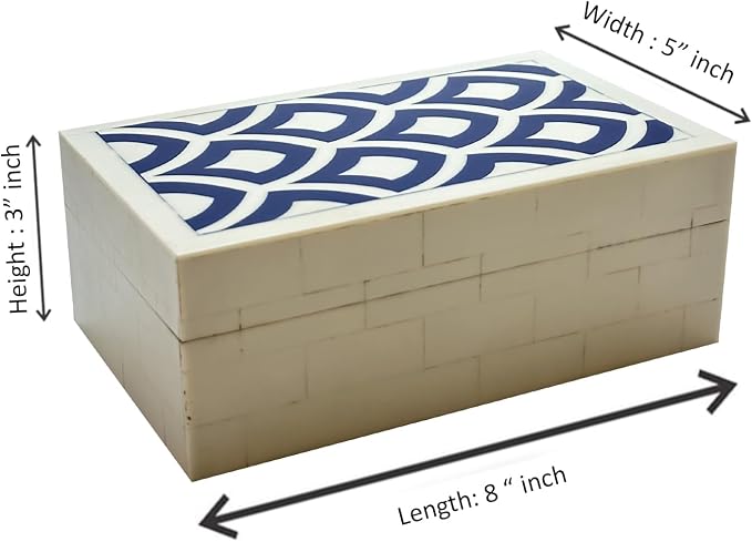Perilla Home ﻿Home Decor Decorative Storage Wooden Box Small Rectangle Irusu Organizer Tool Stash Card Craft Book Treasure Trinket Memory Keepsake Jewelry Box Gifts For All Blue and Off White