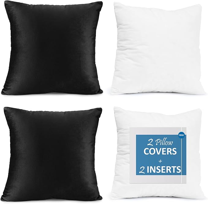 Nestl Throw Pillow Inserts Pack of 2 with Velvet Soft Solid Decorative Square Throw Pillow Covers Set for Sofa Couch Car Bedroom, 20X20 Throw Pillows Inserts with 18x18 Washable Cushion Covers, Black