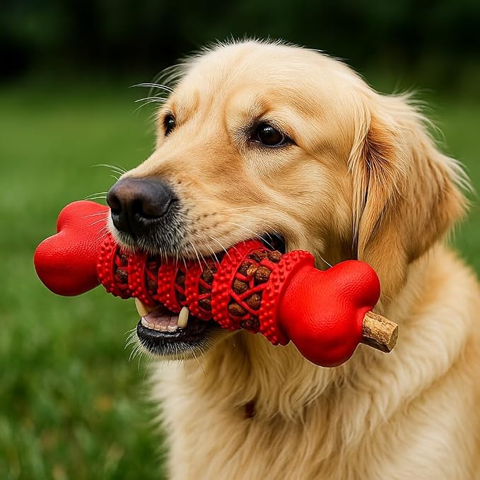 Durable Interactive Dog Bone Toys 2-Pack (6.5”) for Medium & Large Dogs – Treat Dispensing Chew Bones with Teeth Cleaning & Puzzle Design (Green & Red)