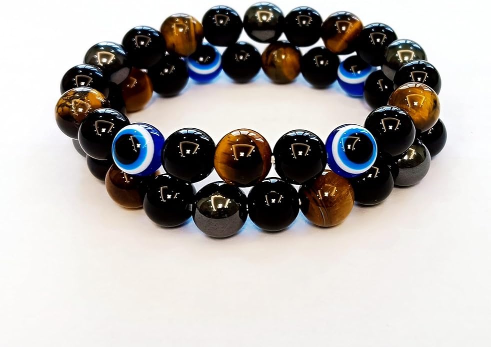 Evil Eye with Hematite Black Obsidian Tiger Eye Stone Triple Protection Bracelets for Men Women, Crystal Healing Stone Bracelet Bring Luck Prosperity and Happiness Jewelry