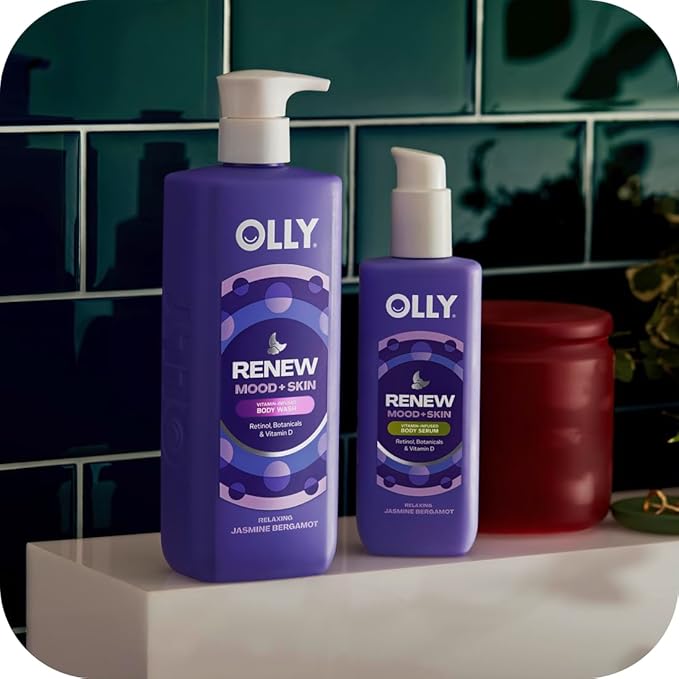 OLLY Vitamins Mini Body Serum & Body Wash Mixed Pack 4 Count Repairs Skin Barrier & Soothe Stress, TSA Approved