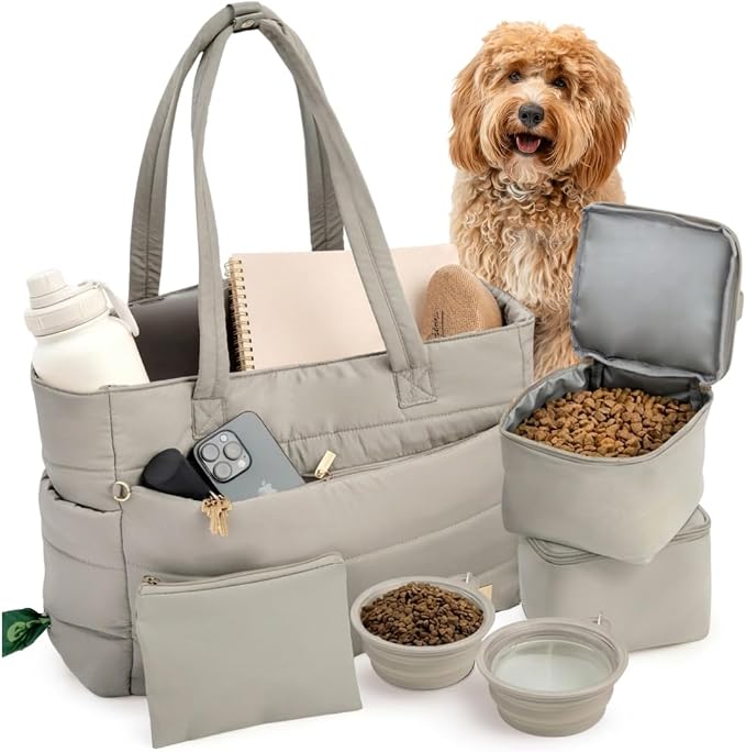 Rubyloo Puffer Dog Travel Bag for Dog Moms, Diaper Bag with Travel Bowls