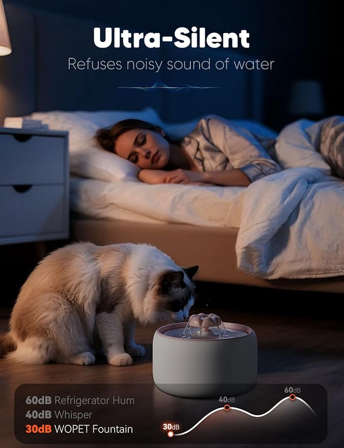 WOPET Premium Ceramic Cat Water Fountain W03 Lite，3L/101oz Automatic Pet Water Fountain for Cats & Dogs, Dishwasher Safe，Luxury Cat Fountain with Ultra-Quiet Pump and Filter & Sponge