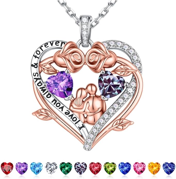 Iefil Valentines Gifts for Her Wife - 925 Sterling Silver Double Heart Birthstone Necklace, Anniversary Birthday Gifts for Women Wife Girlfriend
