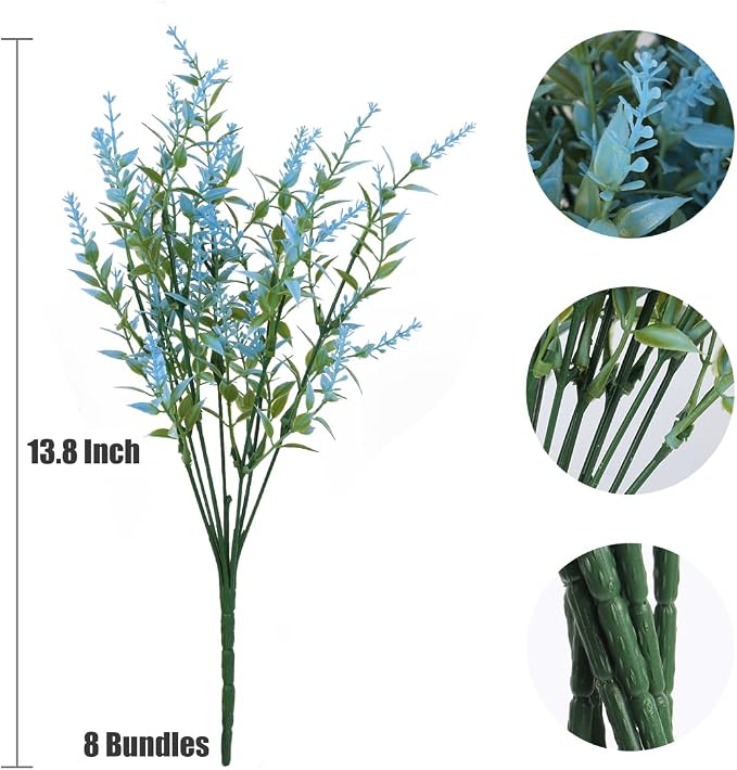 RECUTMS Blue Artificial Flowers for Outdoor Artificial Plants & Flowers 8Pc | Faux Plants for Outdoor Planters Spring Fake Shrub Faux UV Resistant Flower Plastic Fillers Indoor Outside Hanging Decoration