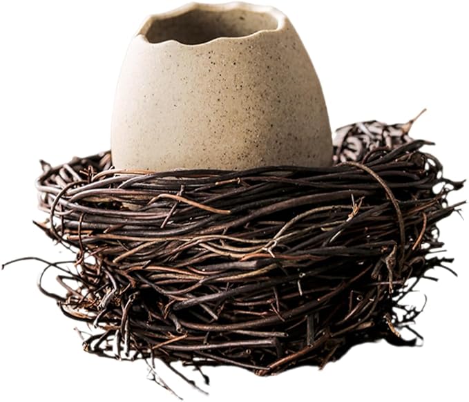 Ciieeo Bird Nest Vase Eggshell Planter Ceramic Flower Pot with Rattan Nest 4.33 X 4.33 X 3.34 in for Succulents Cactus Bonsai Hydroponic Display Desk Windowsill Balcony Home Decor