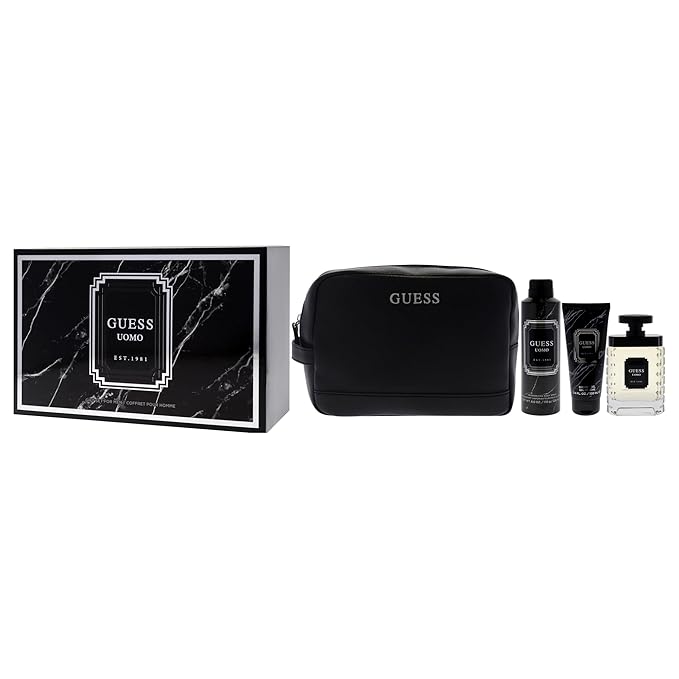 Guess Uomo by Guess for Men - 4 Pc Gift Set 3.4oz EDT Spray, 6oz Deodorizing Body Spray, 3.4oz Shower Gel, Pouch