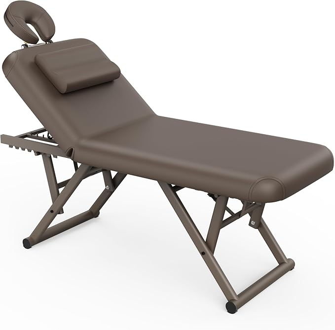 pouseayar Adjustable Massage Table with Face Pillow & Headrest, Sturdy and Solid, Silent and Easy to Adjust for Treatment Table Physical Therapy Table Spa Facial Bed - Adjustable Backrest, Brown