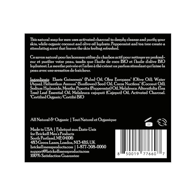 Brickell Men's Purifying Charcoal Soap Bar for Men (3 Pack), Natural and Organic, Exfoliating Bar Soap Handmade with Activated Charcoal and Peppermint Scented, 5 Ounce Bar (3 Pack)