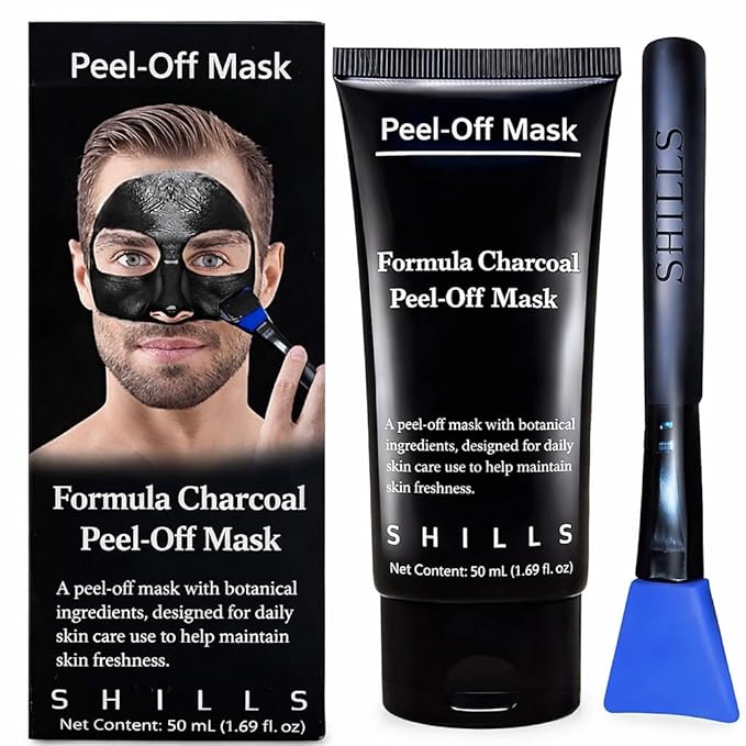 SHILLS Charcoal Mask for Men, 1 Bottle (1.69 fl. oz) and a Brush Set