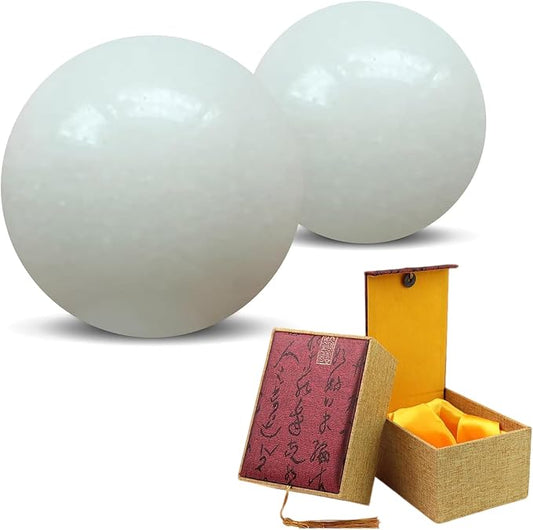 Natural Marble Baoding Chinese Meditation Balls, Stress Relief Hand Exercise Therapy Set with a Retro Style Tassel Boxes for Gift, 2-Piece Set,White Small-1.38"