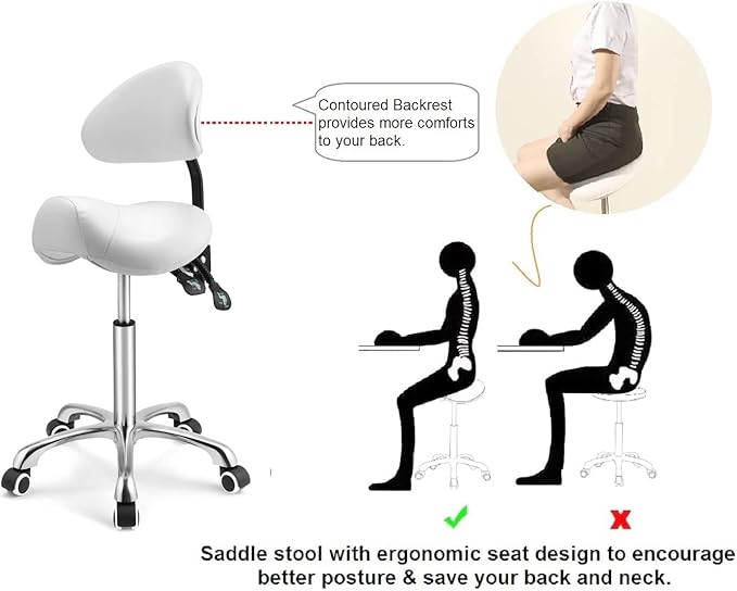 Kaleurrier Saddle Stool Rolling Swivel Height Adjustable with Wheels,Heavy Duty Anti-Fatigue Ergonomic Saddle Chair for Hair Beauty Salon Lab Dental Massage Office Home Kitchen (with Back, White)