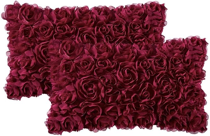 MIULEE Decorative Rose Flower Pillow Covers Pack of 2 Wine Red 12x20 Inch | Cute Romantic Stereo Chiffon Throw Pillow Cover Aesthetic Solid Pillowcase for Girl Coquette Room Decor Coach Bedroom