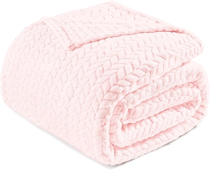 Exclusivo Mezcla Soft Fleece Bed Blanket Twin Size, 90”x66”, Light Pink | Cozy Fluffy Lightweight Blankets for Summer, Decorative Plush Flannel Throws for Living room, Bedroom with Leaves Pattern