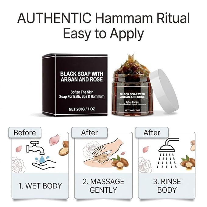 Moroccan Black Soap Hammam, Frosted Gloves, Exfoliating Body Cleanser, Argan Oil Nut Oil and Rose O il– Deep Cleansing, Softens Skin Highly Moisturize (1PCS Moroccan Body Care)