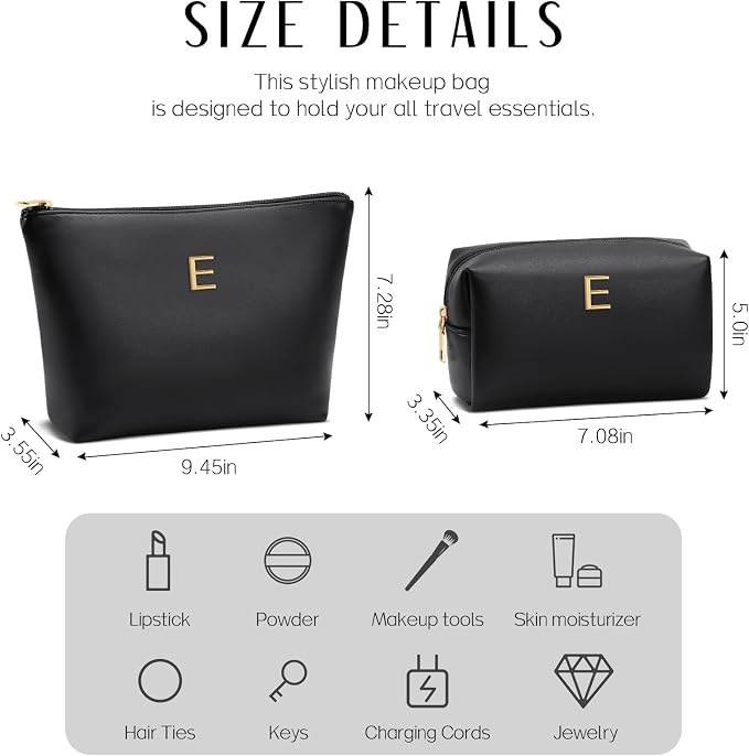 Women Gifts | Initial Makeup Bag for Girl Personalized Gifts for Bridesmaid Friend PU Leather Cosmetic Travel Toiletry Bag(Black,E)