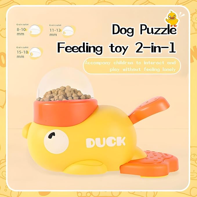 Interactive Dog Treat Dispenser Toy, Duck Shape Puzzle Feeder with Press Button and Rotating Design, Yellow and Orange, Slow Feeding Game for Dogs and Cats