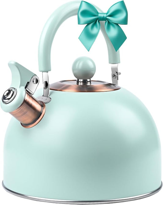 2.6 Quart Mint Green Whistling Tea Kettle, tea pot, Stainless Steel, Cool-Touch Handle, Loud Whistle, 7.48-inch Base, Induction Compatible