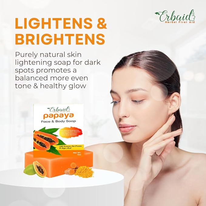 Erbaid Papaya Soap Face & Body Wash – Skin Brightening Papaya Soap Bar for Dark Spots – Reduce Acne, Cleanse Scars, & Even Tone – with Turmeric, Kojic Acid & Essential Oils – for All Types