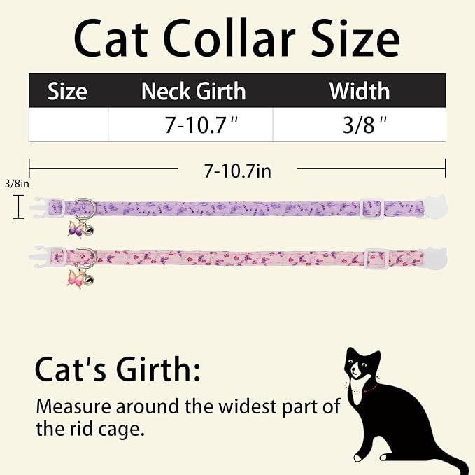 Cat Collars for Girl Cats & Boys, 2 Pack Soft Cotton Breakaway Collar with Removable Bell and Cute Charms, Adjustable Safety Pet Necklace, Butterfly