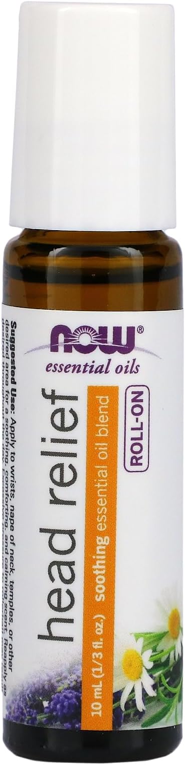 NOW Foods Essential Oils, Head Relief Roll-On, Certified Non-GMO, Soothing Blend, Steam Distilled, Topical Aromatherapy, 10-mL