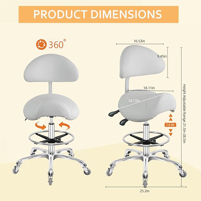Saddle Stool Chair with Back Support Footrest, Heavy-Duty(350LBS), Hydraulic Rolling Swivel Adjustable Stool Chair for Salon Spa Beauty Massage Dental Clinic Home Office Use(White)