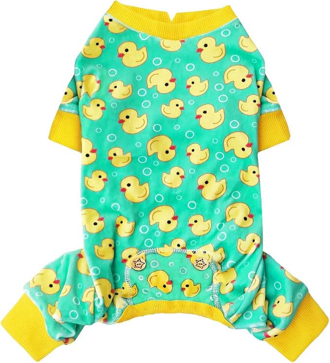 KYEESE Velvet Dog Pajamas for Small Dogs Soft Onesie Shirt, Yellow Duck | 4-Way Stretch, Lightweight & Breathable, Reduces Shedding, Gentle on Sensitive Skin, Recovery Support, Easy Potty Breaks