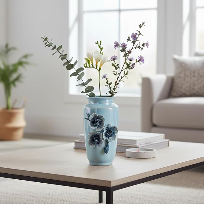Blue Ceramic Vase 7 Inch - Small Decorative Vase with Floral Pattern, Ideal for Coastal & Modern Home Decor, Bathroom and Shelf Accent