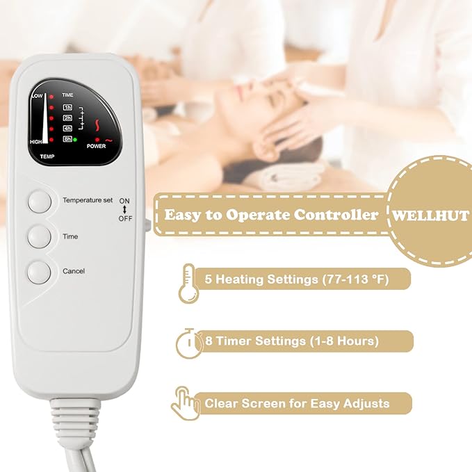 WELLHUT Heating Massage Table Warmer, 75x36in Heated Mattress Pad w/ 5 Heat Levels, 8 Timer Settings, UL Certified Electric Twin Bed Warmer, Spa Massage Bed Heating pad, Machine Washable