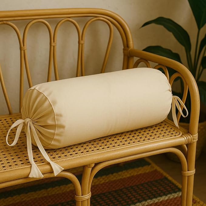 Round Pillow Cover Cervical Neck Roll Cotton Bolster Pillowcase for Cylindrical Cushion and Drawstring Closure Round Neck Pillowcase 6" x 18" (15 x 45 cm) Beige