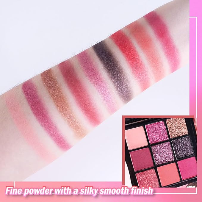Matte Shimmer Light Deep Pink Eye Shadow Palette Makeup,Eyeshadow Long Lasting Waterproof Cruelty-Free , 9 Blendable Shades in Smooth Finishes with Gorgeous Pearls for Girls (red buttery fly)